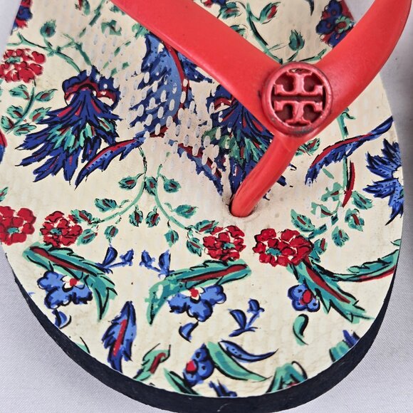 Tory Burch Size 8.5 Red Thong Flip Flop Sandals Floral Footbed Rubber - Picture 2 of 11